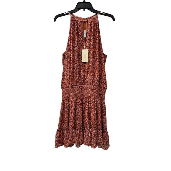 New RAMY BROOK Size M Preston Mini Dress Coral Combo Smocked Waist, Ruffle Hem - Picture 3 of 14